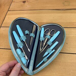 Manicure 9pc Set in Blue Leather Travel Case Vintage Made in Austria & Germany